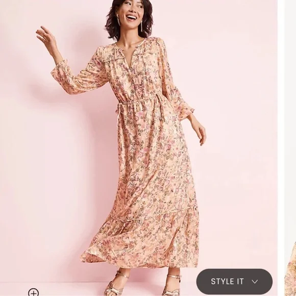 LOFT | Dresses | Loft Shimmer Floral Double Tie Waist Maxi Dress Womens Xl  | Poshmark